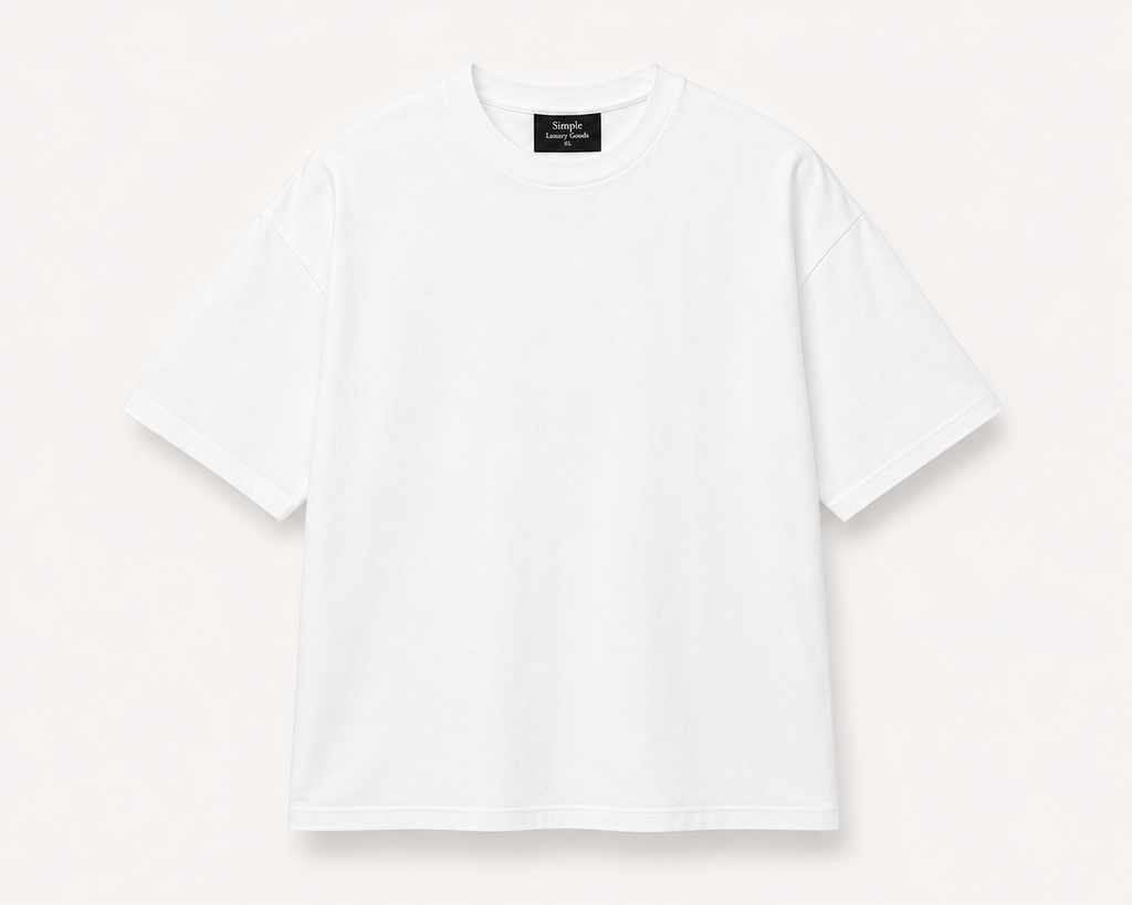 A plain white, slightly oversized, short-sleeve crewneck t-shirt laid flat against a light off-white background. A black woven label is visible inside the collar, reading 'Simple Luxury Goods'