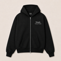 A heavyweight black double zip-up hoodie with a white embroidered logo reading 'Simple Luxury Goods' on the left chest, displayed flat against a light beige background.